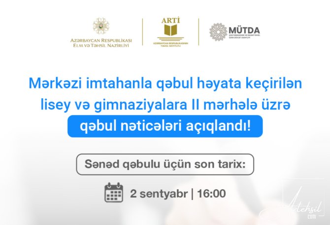 Lisey və gimnaziyalara II mərhələ üzrə qəbulun nəticələri açıqlanıb